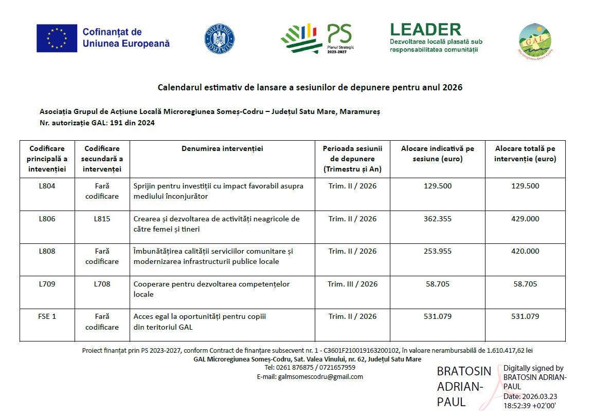 Calendar estimativ de lansare a sesiunilor de depunere pentru anul 2026