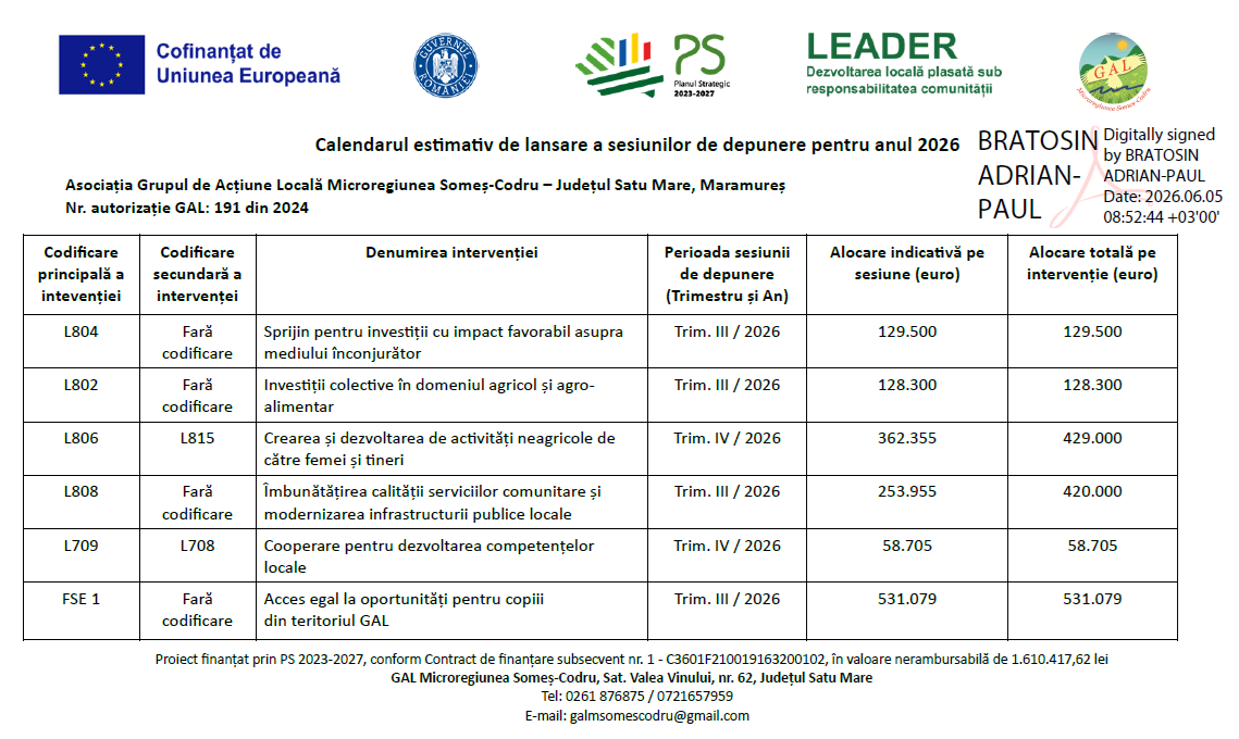 Calendar estimativ de lansare a sesiunilor de depunere pentru anul 2026