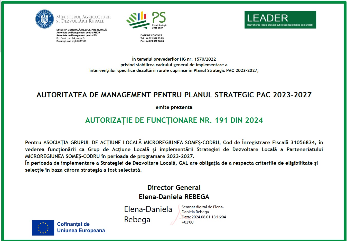 Autorizatie de functionare GAL Somes Codru 2024